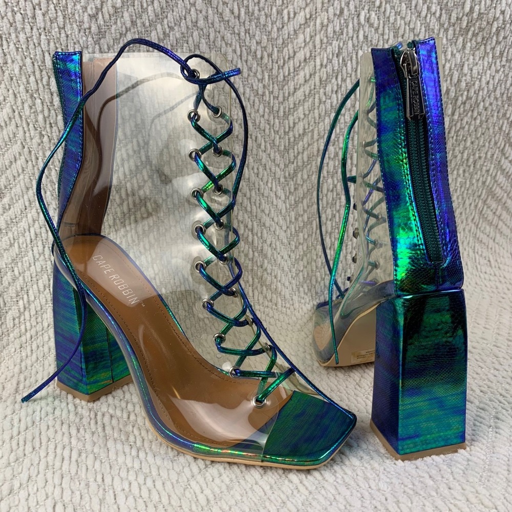 Cape Robbin Clear Lace Up Block Heel Metallic Bootie Womens 8 Mermaid Iridescent